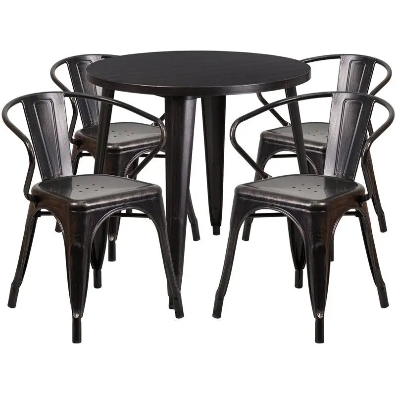 Brimmes 5pcs Round 30'' Black-Antique Gold Metal Table w/4 Arm Chairs iHome Studio