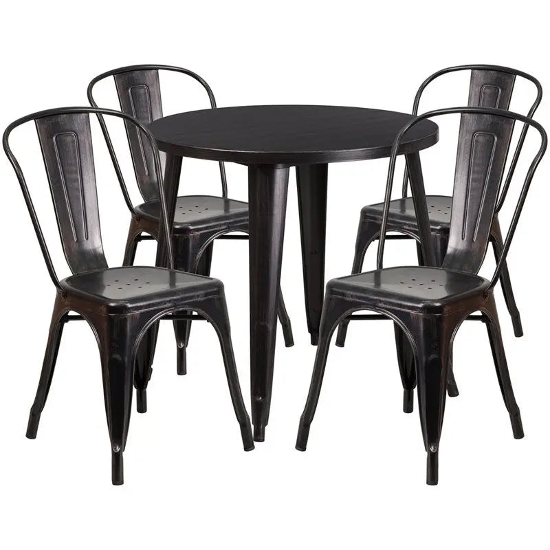 Brimmes 5pcs Round 30'' Black-Antique Gold Metal Table w/4 Cafe Chairs iHome Studio