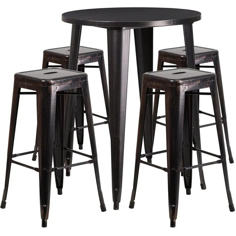 Brimmes 5pcs Round 30'' Black-Antique Gold Metal Table w/4 Square Backless Barstool iHome Studio