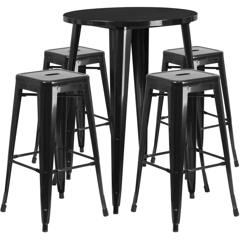 Brimmes 5pcs Round 30'' Black Metal Table w/4 Square Seat Backless Barstool iHome Studio