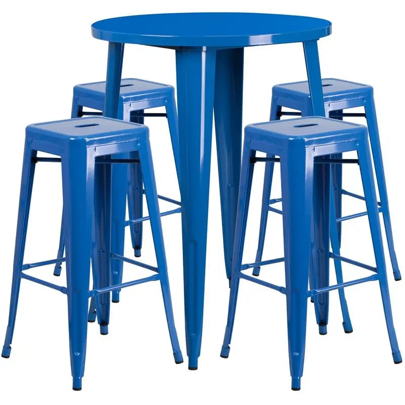 Brimmes 5pcs Round 30'' Blue Metal Table w/4 Square Seat Backless Barstool iHome Studio