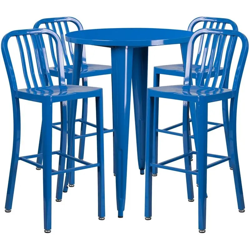Brimmes 5pcs Round 30'' Blue Metal Table w/4 Vertical Slat Back Barstool iHome Studio