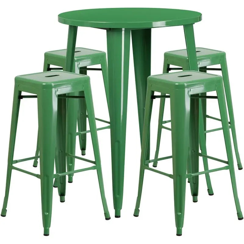 Brimmes 5pcs Round 30'' Green Metal Table w/4 Square Seat Backless Barstool iHome Studio