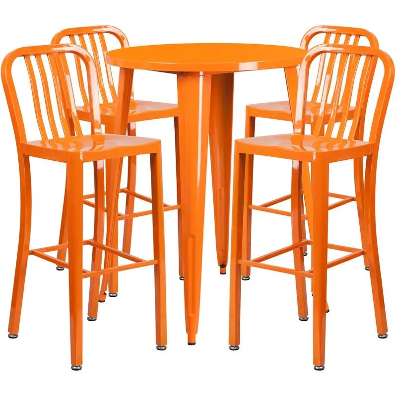 Brimmes 5pcs Round 30'' Orange Metal Table w/4 Vertical Slat Back Barstool iHome Studio