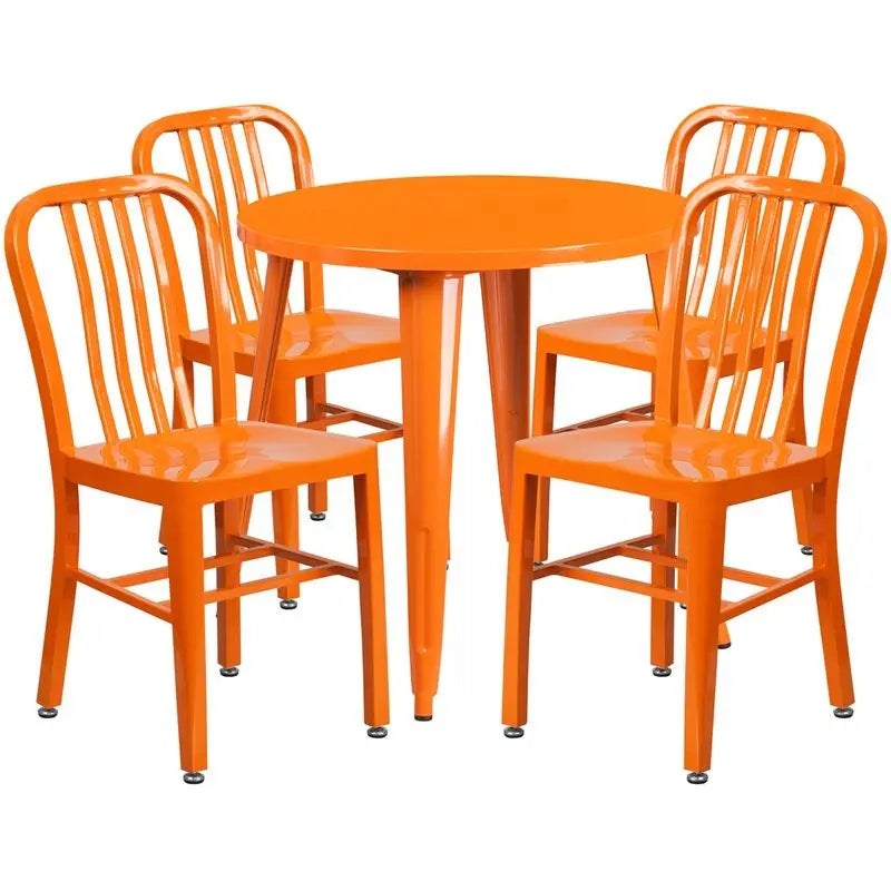 Brimmes 5pcs Round 30'' Orange Metal Table w/4 Vertical Slat Back Chairs iHome Studio