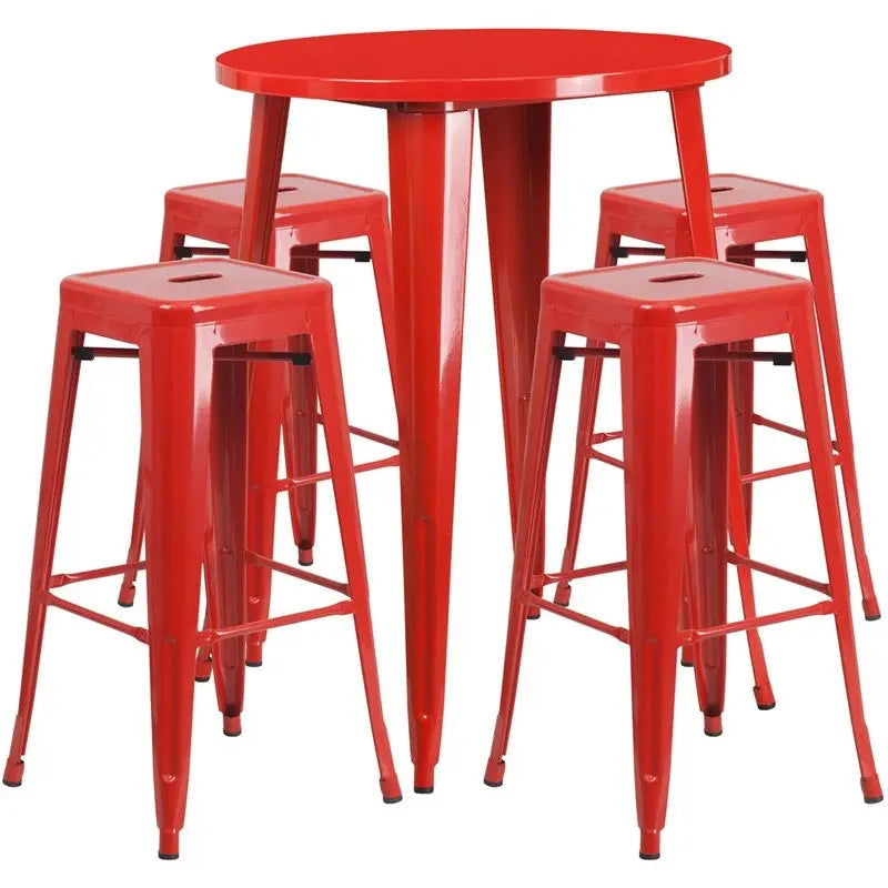 Brimmes 5pcs Round 30'' Red Metal Table w/4 Square Seat Backless Barstool iHome Studio