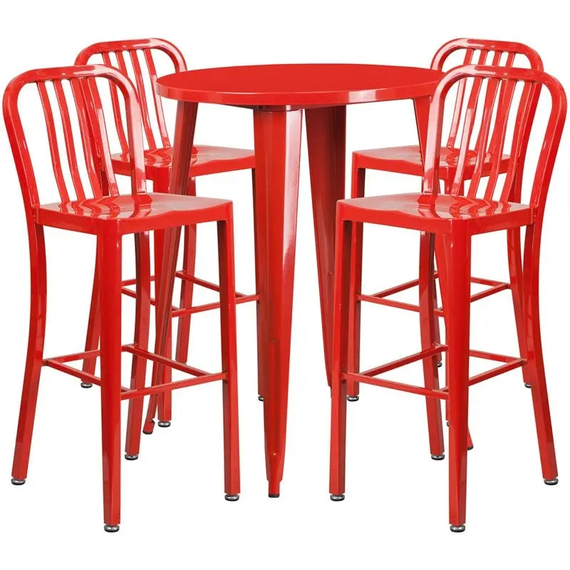 Brimmes 5pcs Round 30'' Red Metal Table w/4 Vertical Slat Back Barstool iHome Studio