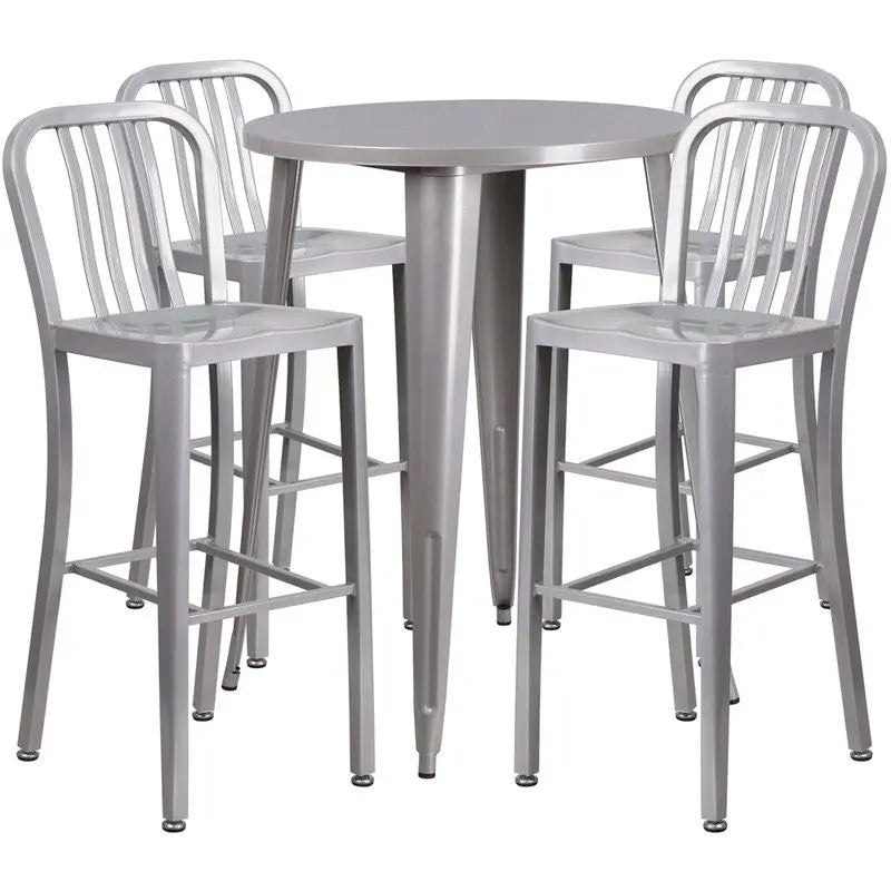 Brimmes 5pcs Round 30'' Silver Metal Table w/4 Vertical Slat Back Barstool iHome Studio