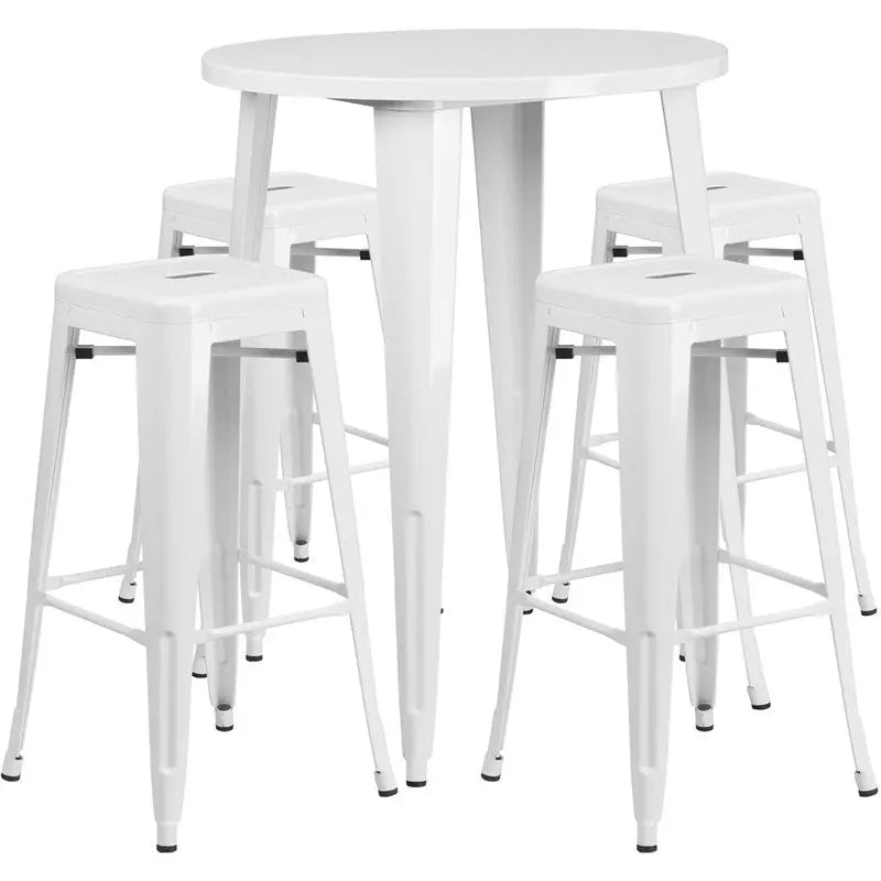 Brimmes 5pcs Round 30'' White Metal Table w/4 Square Seat Backless Barstool iHome Studio