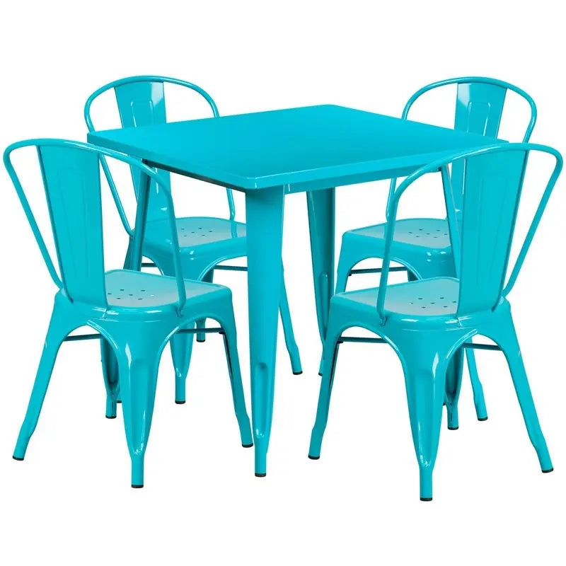 Brimmes 5pcs Square 31.5'' Crystal Teal-Blue Metal Table w/4 Stack Chairs iHome Studio