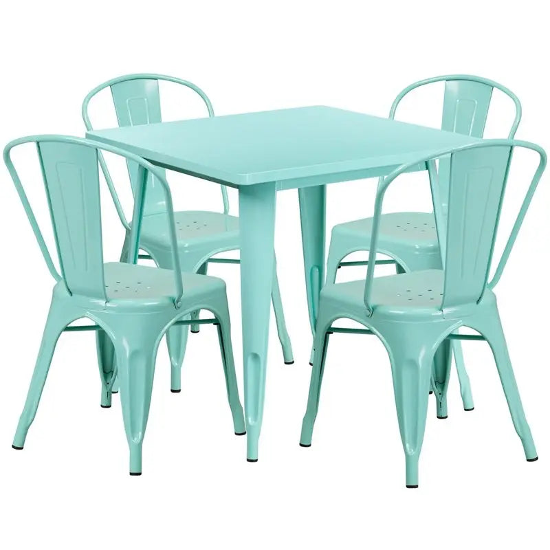 Brimmes 5pcs Square 31.5'' Mint Green Metal Table w/4 Stack Chairs iHome Studio
