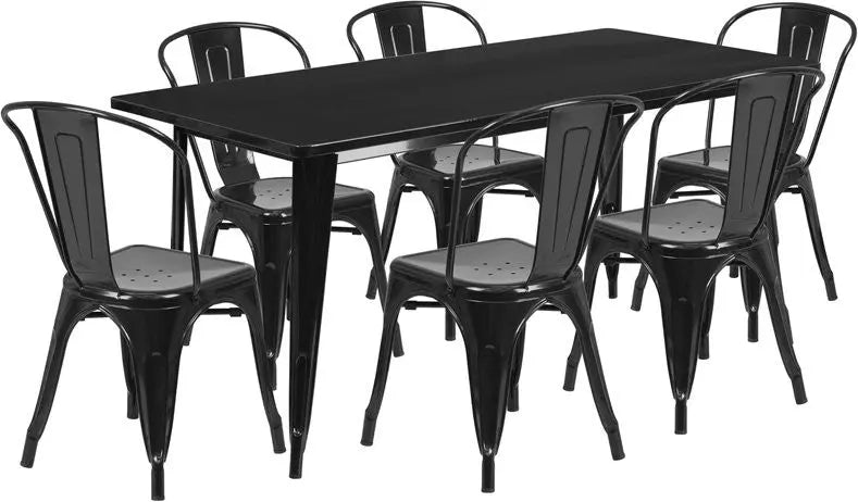Brimmes 7pcs Rectangular 31.5'' x 63'' Black Metal Table w/6 Stack Chairs iHome Studio