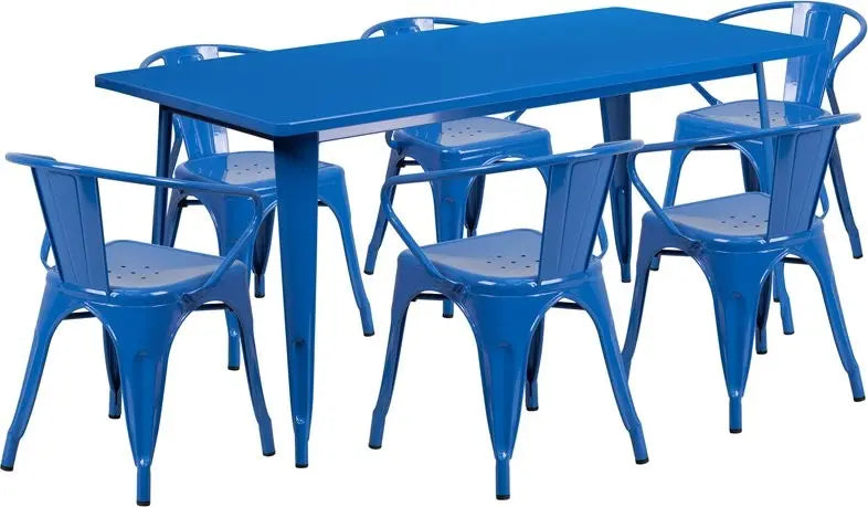 Brimmes 7pcs Rectangular 31.5'' x 63'' Blue Metal Table w/6 Arm Chairs iHome Studio