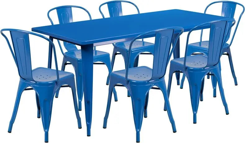 Brimmes 7pcs Rectangular 31.5'' x 63'' Blue Metal Table w/6 Stack Chairs iHome Studio