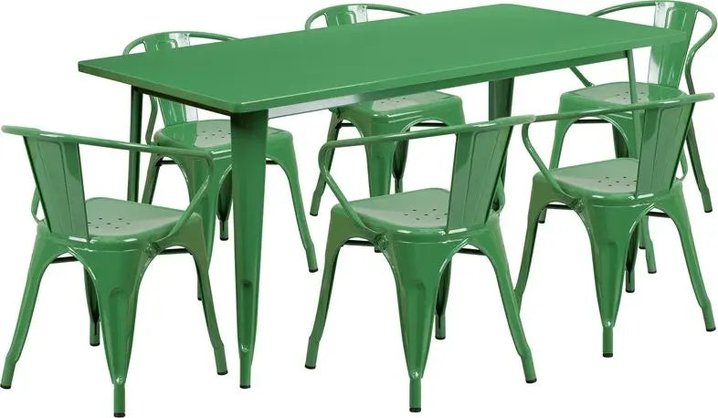 Brimmes 7pcs Rectangular 31.5'' x 63'' Green Metal Table w/6 Arm Chairs iHome Studio
