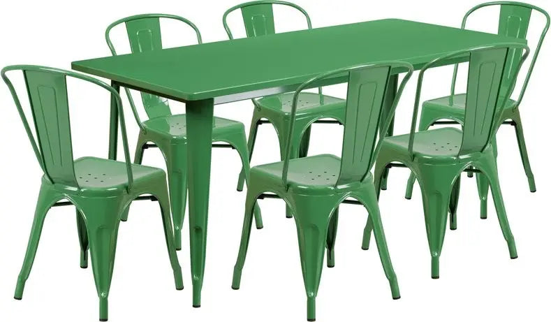 Brimmes 7pcs Rectangular 31.5'' x 63'' Green Metal Table w/6 Stack Chairs iHome Studio