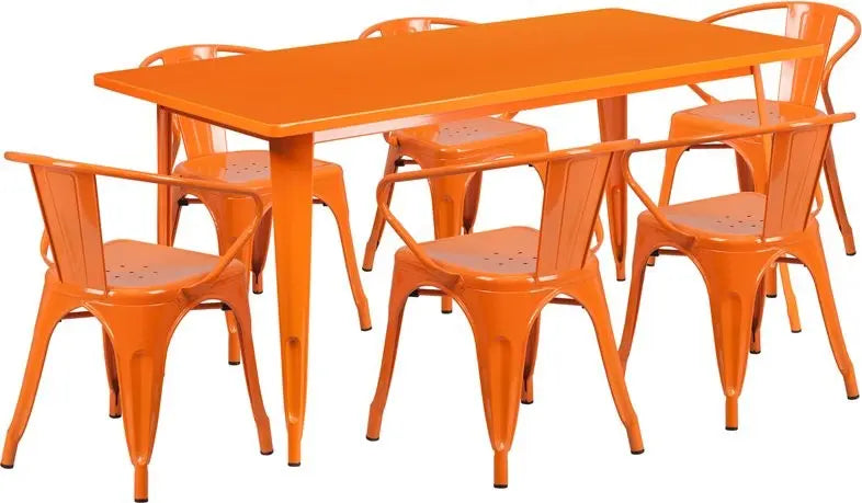 Brimmes 7pcs Rectangular 31.5'' x 63'' Orange Metal Table w/6 Arm Chairs iHome Studio