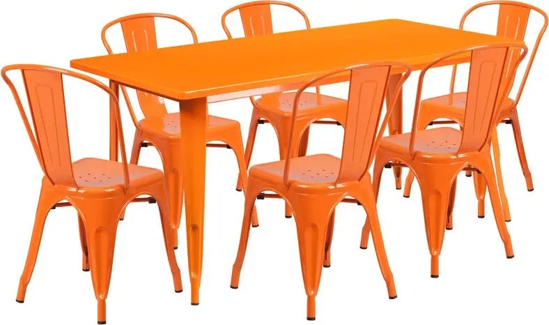 Brimmes 7pcs Rectangular 31.5'' x 63'' Orange Metal Table w/6 Stack Chairs iHome Studio
