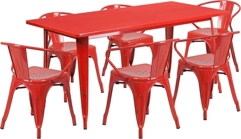 Brimmes 7pcs Rectangular 31.5'' x 63'' Red Metal Table w/6 Arm Chairs iHome Studio