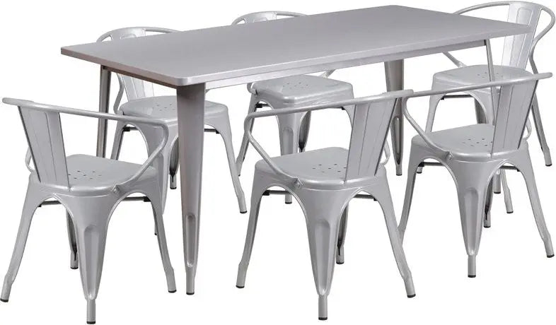 Brimmes 7pcs Rectangular 31.5'' x 63'' Silver Metal Table w/6 Arm Chairs iHome Studio
