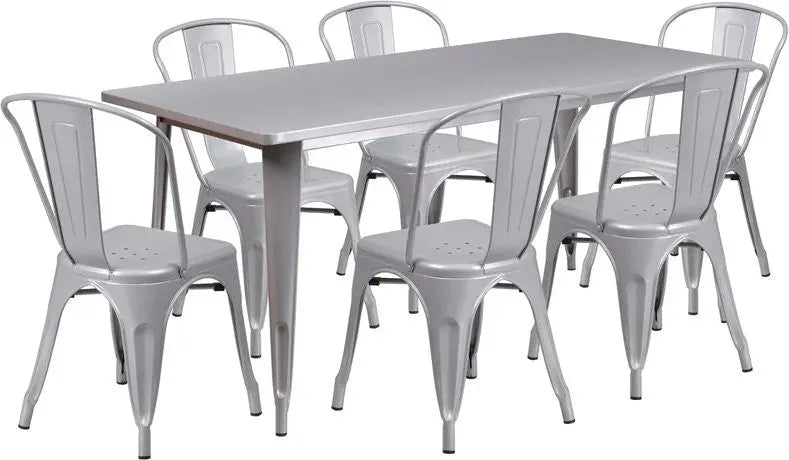 Brimmes 7pcs Rectangular 31.5'' x 63'' Silver Metal Table w/6 Stack Chairs iHome Studio