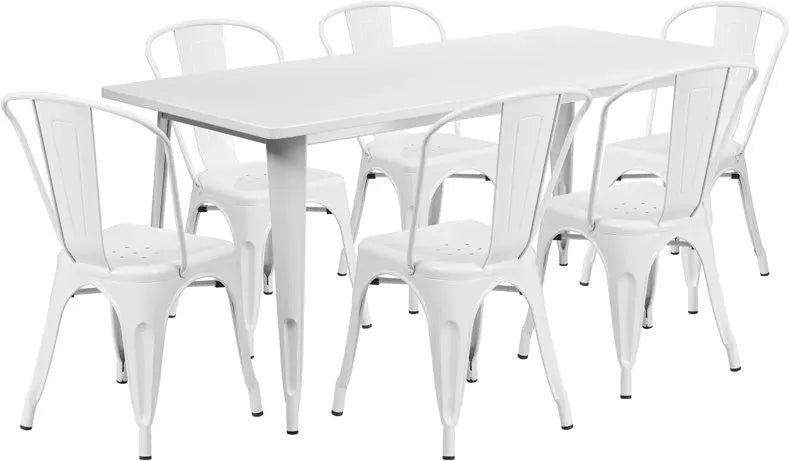 Brimmes 7pcs Rectangular 31.5'' x 63'' White Metal Table w/6 Stack Chairs iHome Studio
