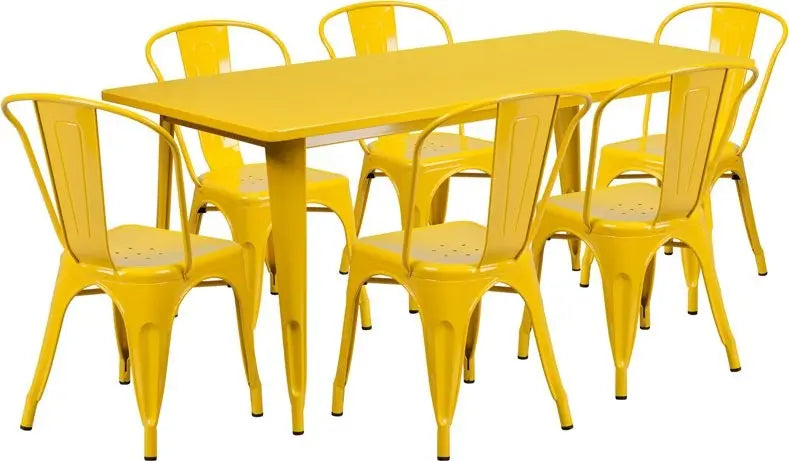 Brimmes 7pcs Rectangular 31.5'' x 63'' Yellow Metal Table w/6 Stack Chairs iHome Studio