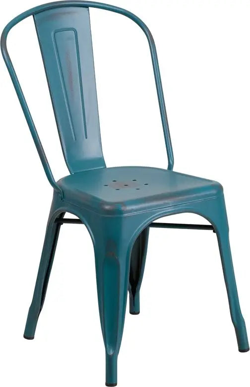Brimmes Distressed Blue-Teal Metal Stackable Chair for Patio/Bar/Restaurant iHome Studio