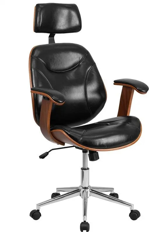 Brittany High-Back Black Leather Executive Wood Swivel Chair w/Arms iHome Studio