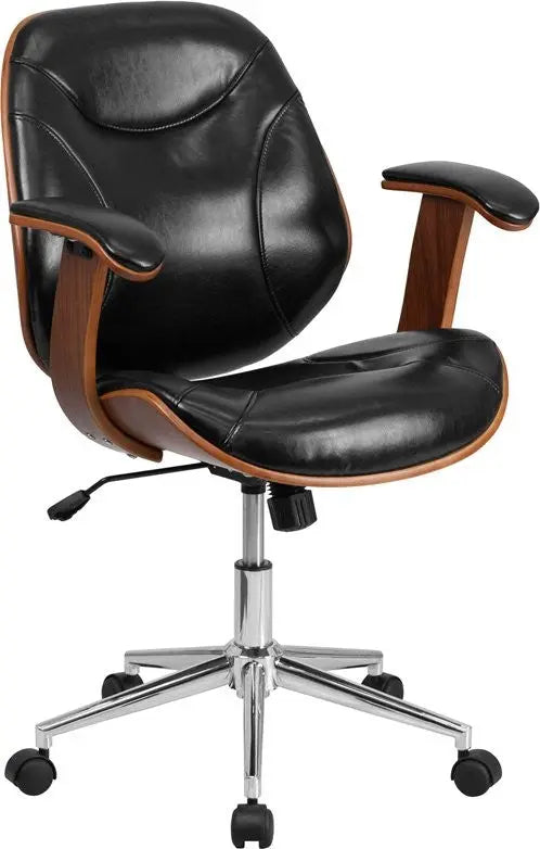 Brittany Mid-Back Black Leather Executive Wood Swivel Chair w/Arms iHome Studio