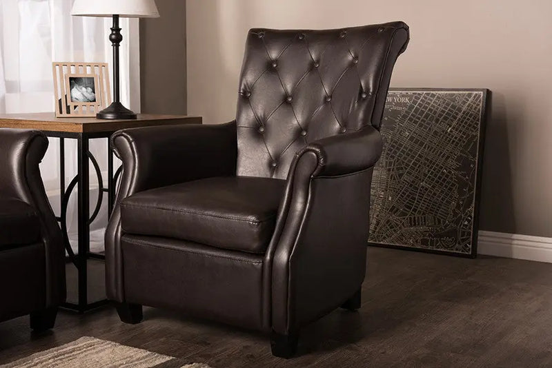 Brixton Brown Faux Leather Button-tufted Upholstered Armchair iHome Studio