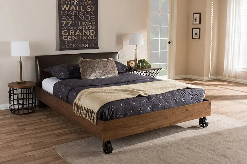 Brooke Walnut Wood Distressed Faux Leather Dark Bronze Metal Platform Bed (King) iHome Studio