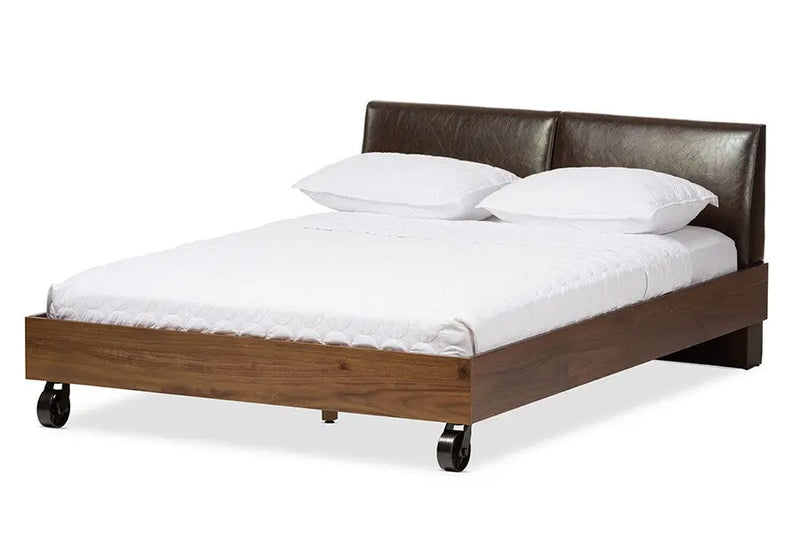 Brooke Walnut Wood Distressed Faux Leather Dark Bronze Metal Platform Bed (King) iHome Studio