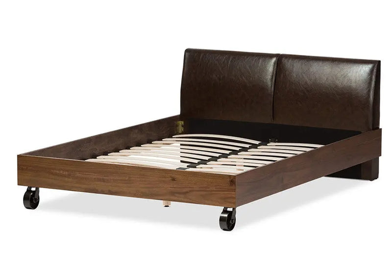 Brooke Walnut Wood Distressed Faux Leather Dark Bronze Metal Platform Bed (King) iHome Studio