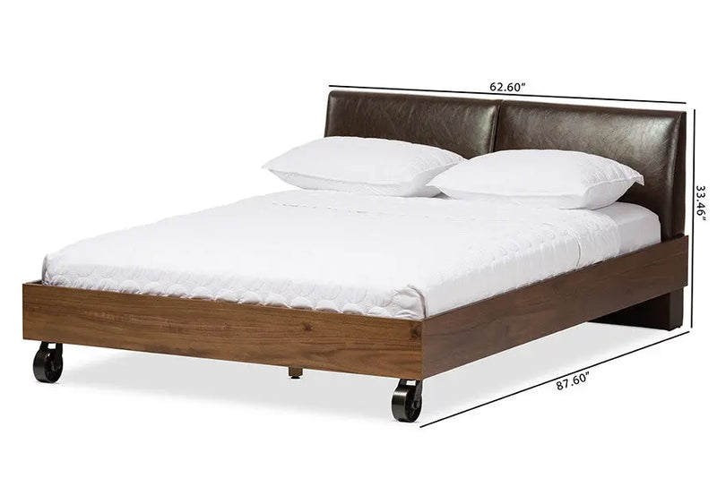 Brooke Walnut Wood Distressed Faux Leather Dark Bronze Metal Platform Bed (King) iHome Studio