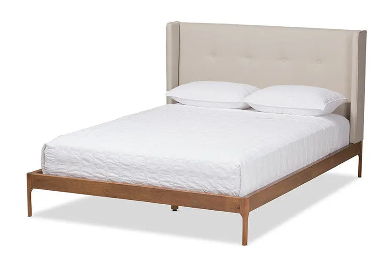Brooklyn Walnut Wood Beige Fabric Platform Bed (Queen) iHome Studio