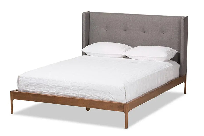 Brooklyn Walnut Wood Grey Fabric Platform Bed (Full) iHome Studio