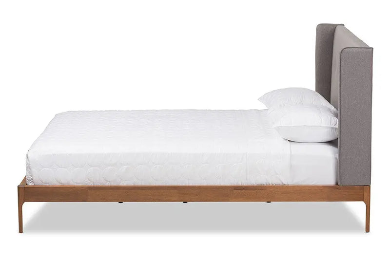 Brooklyn Walnut Wood Grey Fabric Platform Bed (Full) iHome Studio