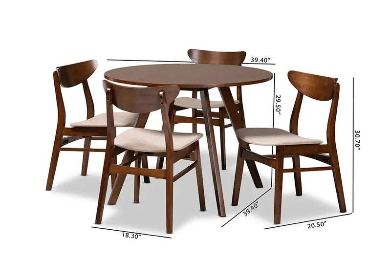 Camden Light Beige Fabric Upholstered/Walnut Brown Finished Wood 5pcs Dining Set, Round Table top iHome Studio
