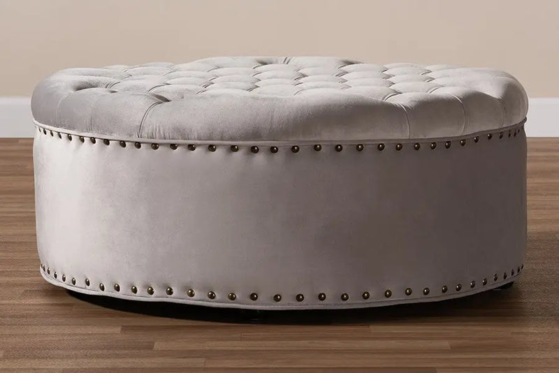 Cameron Light Gray Velvet Fabric Upholstered Tufted Cocktail Ottoman iHome Studio