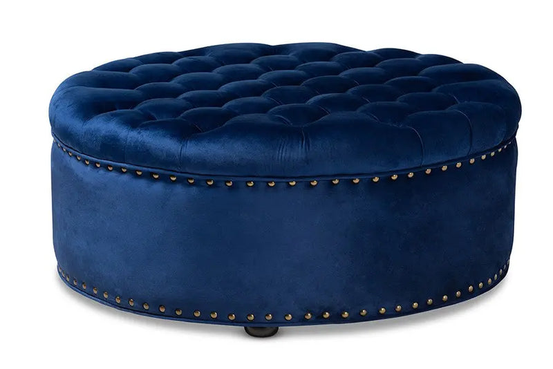 Cameron Royal Blue Velvet Fabric Upholstered Tufted Cocktail Ottoman iHome Studio
