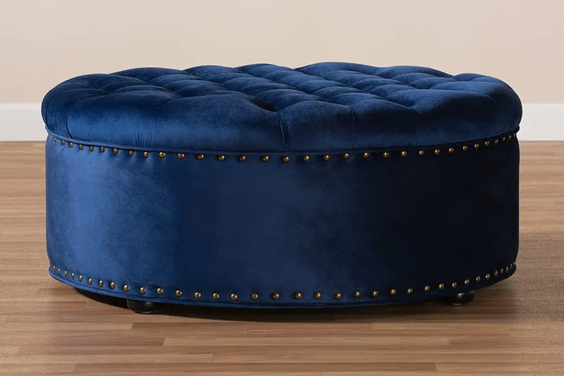 Cameron Royal Blue Velvet Fabric Upholstered Tufted Cocktail Ottoman iHome Studio