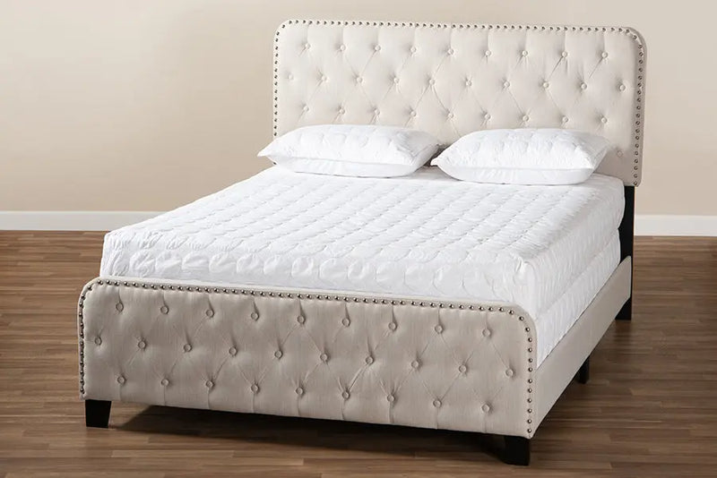 Camila Beige Fabric Upholstered Button Tufted Panel Bed (Full) iHome Studio