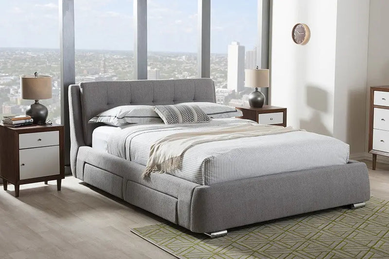 Camile Grey Fabric Upholstered 4-Drawer Storage Platform Bed w/Silver Feet (King) iHome Studio