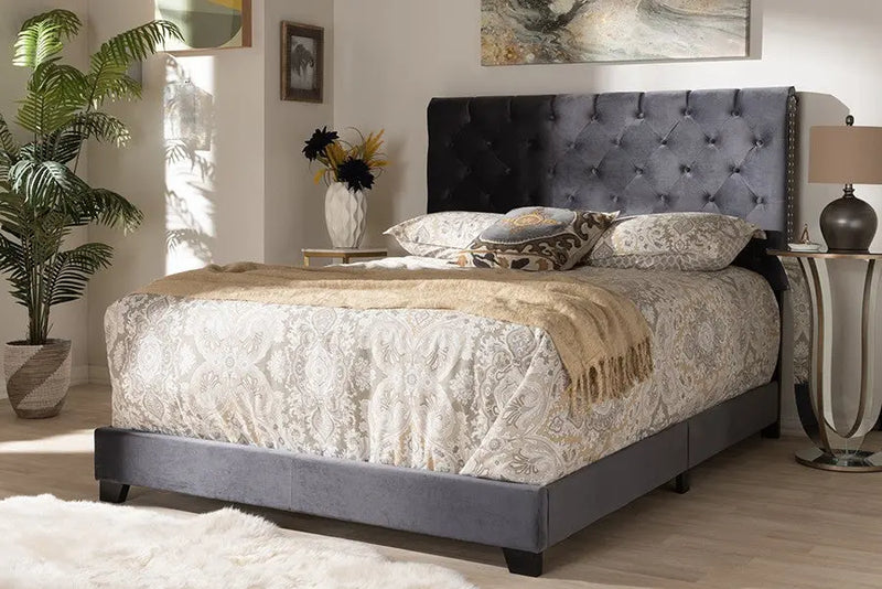 Candace Dark Grey Velvet Upholstered Bed (Queen) iHome Studio