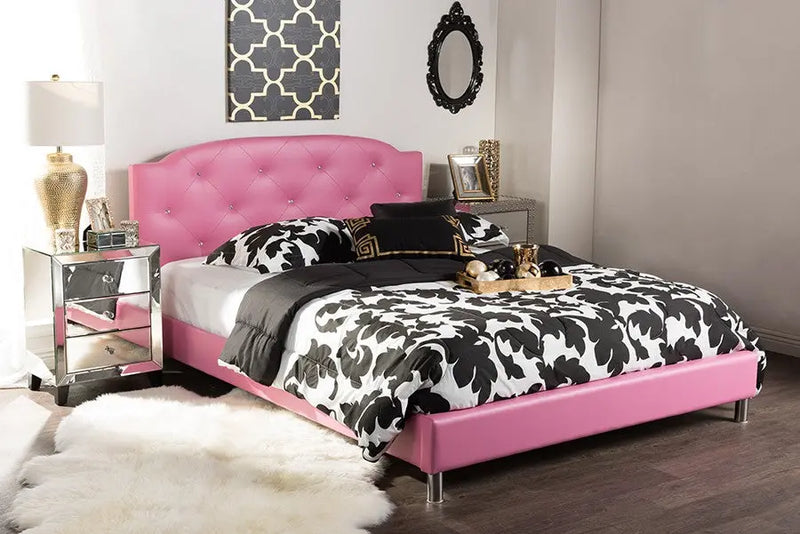 Canterbury Hot Pink Faux Leather Platform Bed w/Crystal Tufted Headboard (Queen) iHome Studio