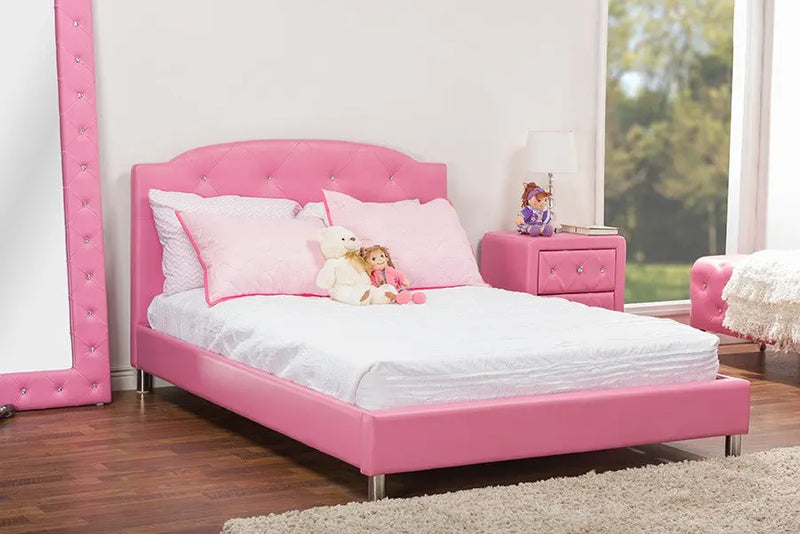 Canterbury Pink Faux Leather Platform Bed w/Crystal Tufted Headboard (Full) iHome Studio