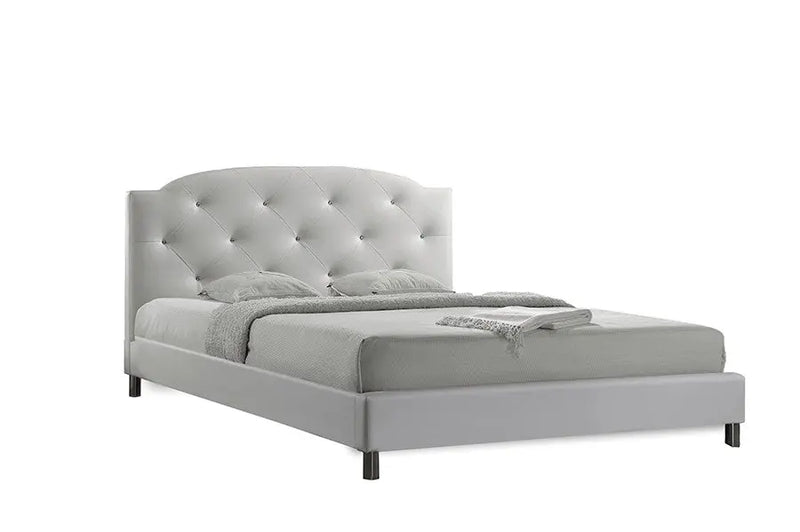 Canterbury White Leather Platform Bed w/Crystal Tufted Headboard (Queen) iHome Studio