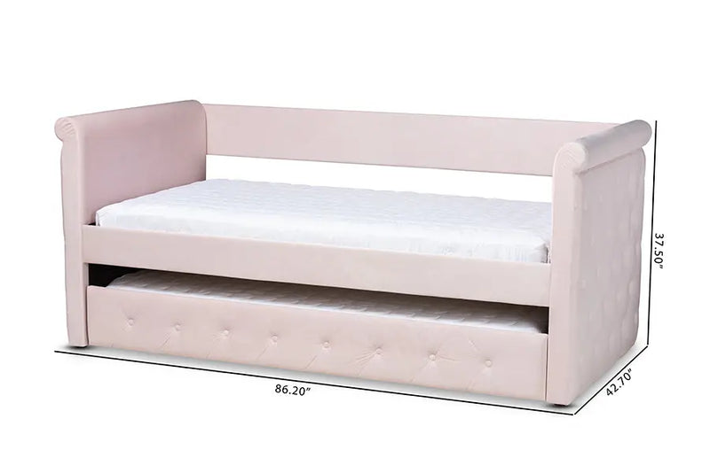Carolina Light Pink Velvet Fabric Upholstered Twin Size Daybed w/Trundle iHome Studio