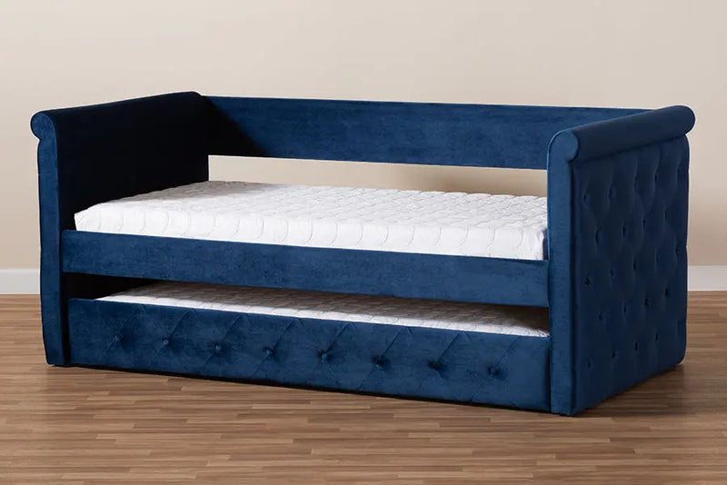 Carolina Navy Blue Velvet Fabric Upholstered Twin Size Daybed w/Trundle iHome Studio